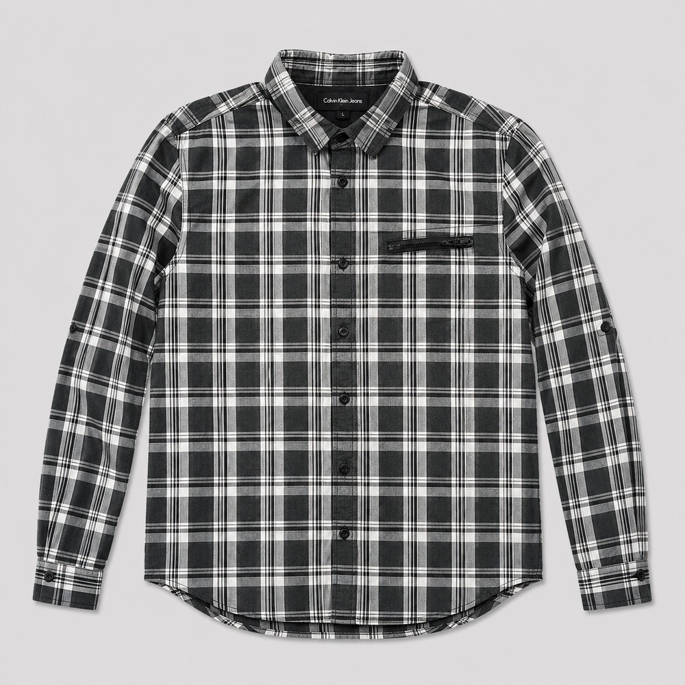 Calvin Klein Jeans Mens Large Plaid Button Up Shirt Gray Black Long Sleeve